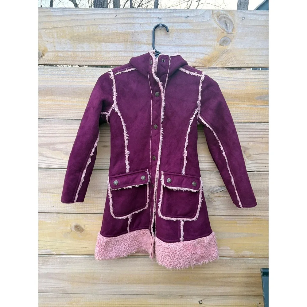 The Childrens Place Girls Plum Purple Faux Suede Sherpa Hooded Coat Size M 7/8
